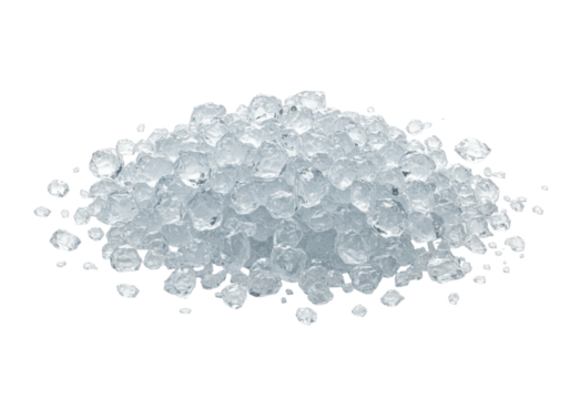 Isolated heap of clear ice crystals for cooling drinks or beverages, ices, water