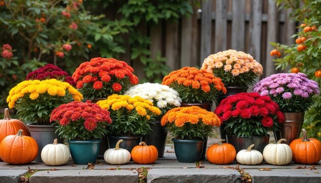 Fall garden display with potted chrysanthemums in vibrant colors like red orange yellow and purple. Seasonal pumpkins decorate stone patio in autumn. Outdoor nature scene with colorful blooms.