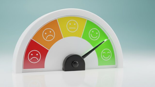 3d feedback gauge with color faces and glowing needle, customer feedback, positive review emotion meter