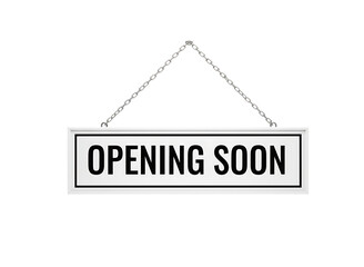 Wooden sign with the words opening soon hanging on chains isolated on transparent background