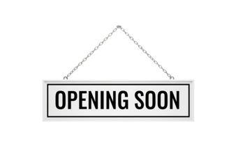 Wooden sign with the words opening soon hanging on chains isolated on transparent background
