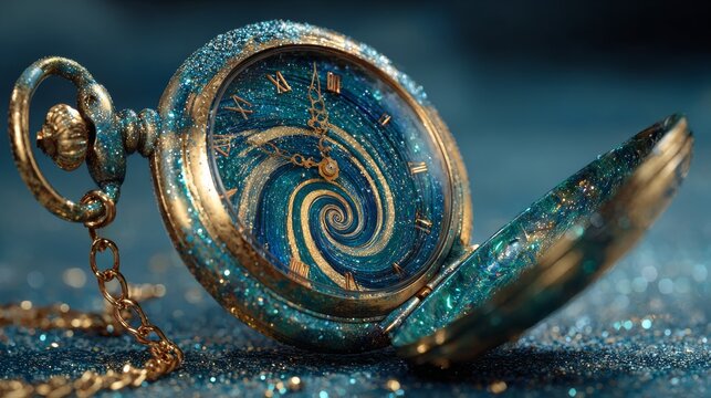 An ornate pocket watch, open to reveal a swirling blue-gold face, sparkling with glitter on a textured surface