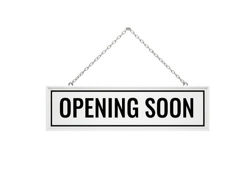 Wooden sign with the words opening soon hanging on chains isolated on transparent background