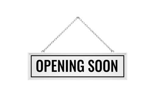 Wooden sign with the words opening soon hanging on chains isolated on transparent background