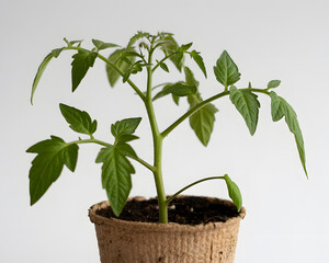 Nurturing growth featuring a young tomato plant sprouting, ready for transplanting in a garden, symbolizing new beginnings and sustainable living