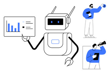 Robot holding a data chart, while two professionals explore innovation and vision. Ideal for technology, innovation, automation, data analysis, future, artificial intelligence teamwork. Simple flat