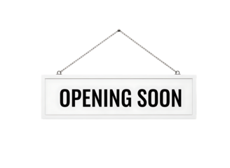 Wooden sign with the words opening soon hanging on chains isolated on transparent background