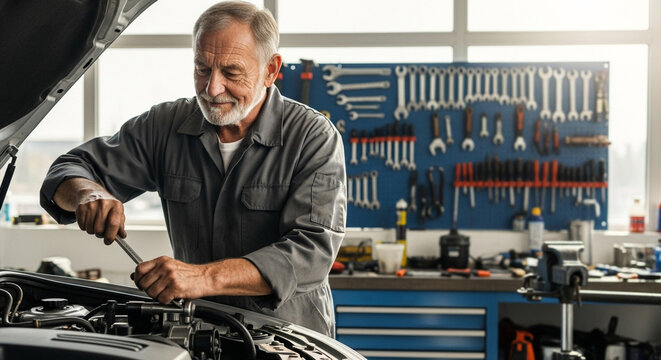 Elderly mechanic fixing car engine with wrench in auto repair shop, vehicle maintenance and engineering - Powered by Adobe