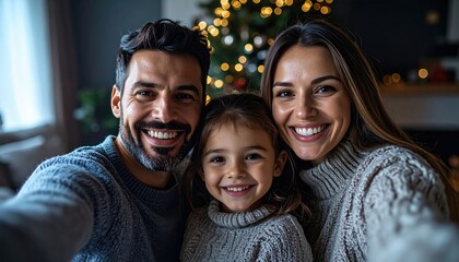 Joyful family smiling together, celebrating Christmas in cozy home, capturing a heartwarming moment with festive lights and holiday cheer