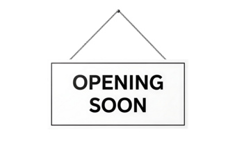 Wooden sign with the words opening soon hanging on chains isolated on transparent background