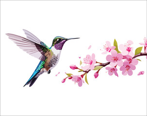  Vibrant hummingbird hovering near a blooming twig of pink colored flowers