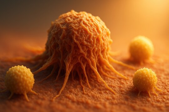 A cancer cell surrounded by immune cells illustrates the process of cellular apoptosis and immune system response. The image emphasizes the irregular structure of the malignant cell compared to smooth