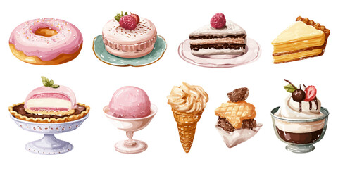Sweet assortment of desserts including cakes donuts ice cream sundae and pastries isolated on white isolated on transparent background