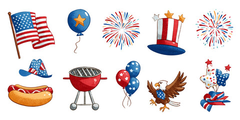 Independence day celebration elements featuring american flag fireworks uncle sam hat bbq grill hot dog eagle and balloons isolated on transparent background