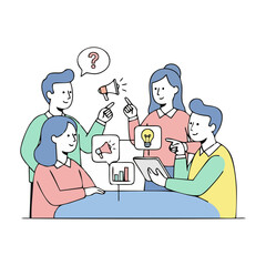 A group of four people brainstorming ideas around a table, using a tablet and various visual cues.