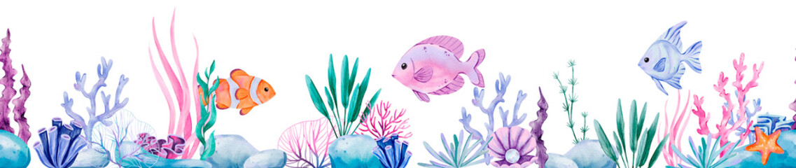 Watercolor Underwater Ocean Border with Coral Reef, Seaweed, Rocks, and Colorful Fish Including Clownfish and Angelfish