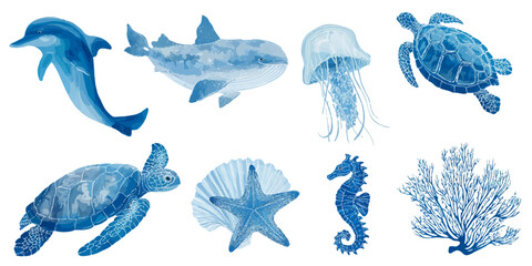 Fototapeta premium Collection of blue watercolor marine life including dolphin shark turtle jellyfish seahorse starfish and coral isolated on transparent background