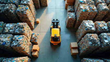 Aerial view shows yellow forklift in warehouse aisle. Large stacks of compressed recycled waste material, plastic, paper, ready for processing. Scene represents modern circular economy, waste