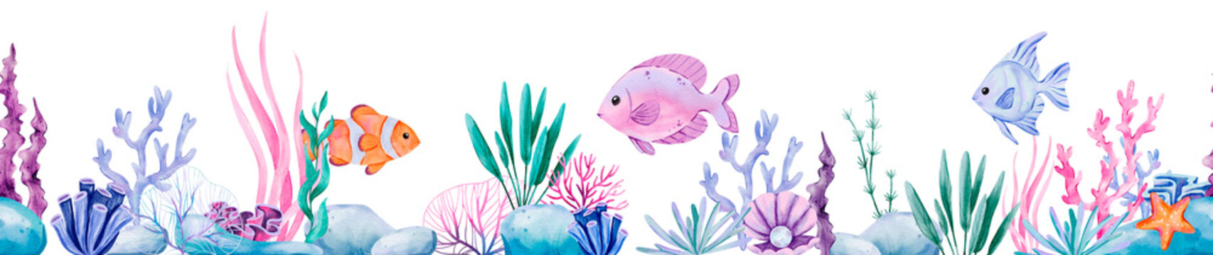 Watercolor Underwater Ocean Border with Coral Reef, Seaweed, Rocks, and Colorful Fish Including Clownfish and Angelfish