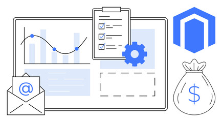 Chart with line and bar graphs, clipboard with checklist, gear icon, email envelope, logo, money sack. Ideal for finance, workflow, planning e-commerce communication analytics minimal flat