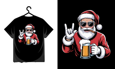 Cartoon santa claus with beer mug on tshirt for christmas celebration and rock gesture