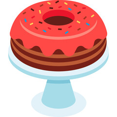 Close Up Of A Delicious Chocolate Cake With Red Icing And Sprinkles On A Blue Cake Stand Isolated On A White Background