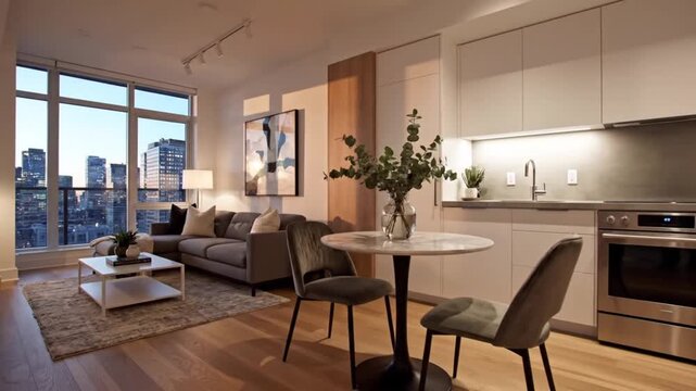 A virtual tour of a modern, minimalist style studio apartment condominium. The smooth camera movements transition between the integrated living and dining areas.