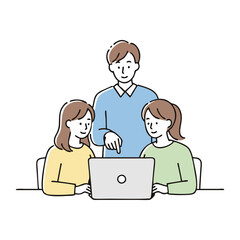 Two women and a man looking at a laptop screen, possibly collaborating or learning.