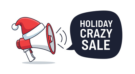 Festive megaphone announcing holiday crazy sale event with santa hat