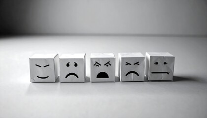 Five cubes with different facial expressions showing emotions.