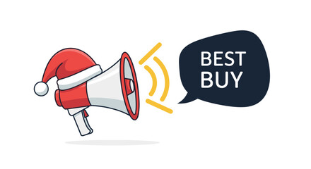 Christmas sale announcement with santa hat megaphone and best buy message