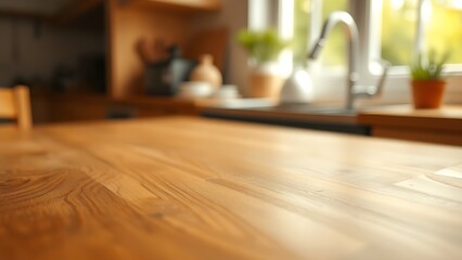 Close-up of a natural wood table with warm tones and subtle grain, evoking rustic charm.