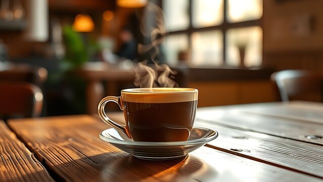 A steaming coffee cup on a rustic wooden table, bathed in soft morning light.