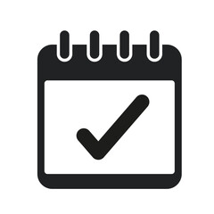 Calendar icon with check mark symbol representing completed event or task reminder on white background