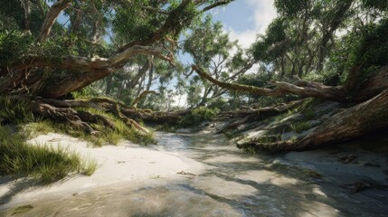 A sun-dappled stream winds through a lush, verdant forest, with exposed tree roots and sandy banks under a bright sky