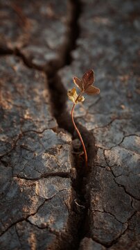 A tiny sprout grows through cracked earth, symbolizing resilience and hope in arid conditions