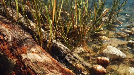 Close-up of shoreline featuring a log, water, pebbles, & reeds. Sunlight illuminates the scene, highlighting textures
