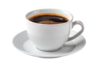 Fototapeta premium White ceramic coffee cup filled with dark roasted beverage, resting on a saucer