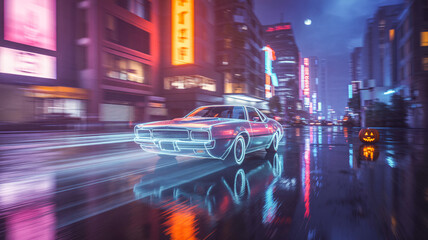 Transparent ghost car speeding through neon streets, glowing headlights, holographic reflections