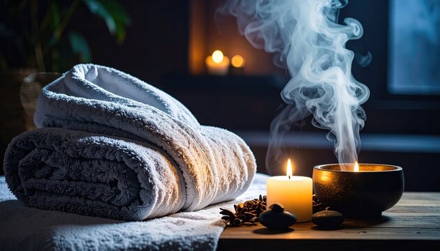 Indulge in Serenity: Warm towels, flickering candles, and fragrant aromatherapy invite relaxation at the spa, creating a peaceful wellness ambiance