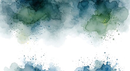 Abstract watercolor splashes and brush strokes in shades of blue and green against a white background