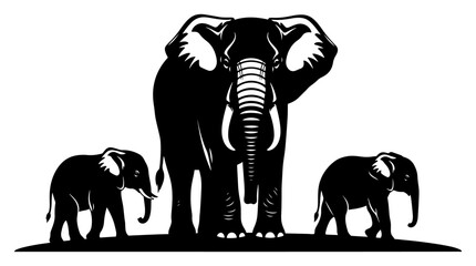 Elephant Family Silhouette Adult with Two Calves Black and White Savanna Wildlife Vector