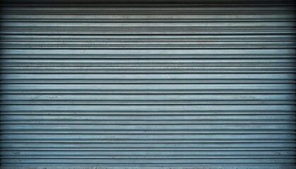 Fototapeta premium Striped metal shutter door texture background. Close up of a corrugated industrial security gate. Repetitive horizontal pattern with a weathered finish. Gray metallic surface.