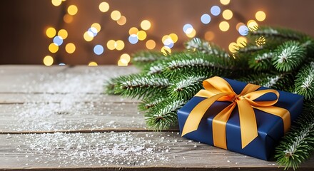 A blue christmas gift with a gold ribbon next to a pine branch on a wooden surface with bokeh lights