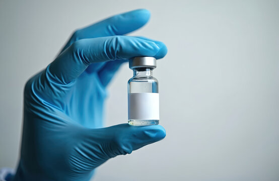 Medical gloved hand holds small clear liquid vial for peptide or vaccine. Research lab ampoule shows blank label for custom text, medical care and science.