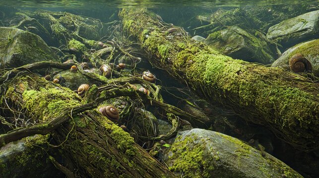 Submerged scene of a forest floor, showcasing moss-covered logs, rocks, and root systems, inhabited by numerous snails