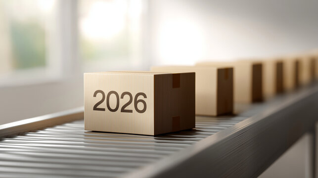 Cardboard box with '2026' printing moving along a manufacturing conveyor belt, representing future production targets with copy space, delivery planning, and supply chain logistics for the upcoming
