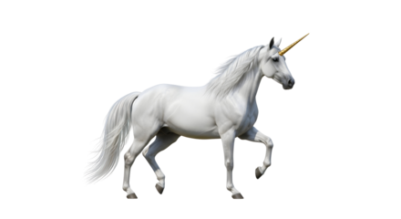 Majestic unicorn prancing with golden horn, a symbol of fantasy, grace, and magical dreams for creative projects, book illustrations, and enchanting designs