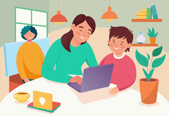 Mother and Son Learning Together on Laptop at Home