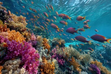 Fototapeta premium Colorful reef with fish swimming in the crystal blue ocean waters. Showcase underwater beauty, marine life, and the importance of conservation.